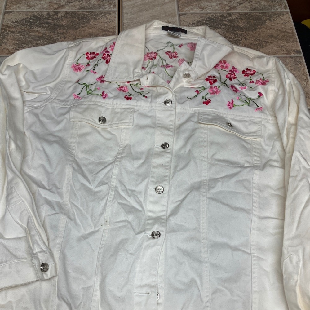 Blaine Trump Womens 1X White Denim Floral Embroidered Button Front Jacket